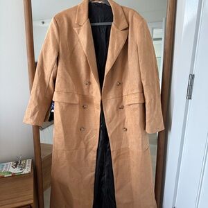 Camel Tan Long Double-Breasted Trench Coat